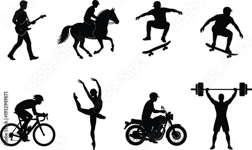 Black silhouettes of people engaging in various hobbies including playing guitar horse riding skateboarding cycling ballet dancing motorcycling and weightlifting isolated on white background