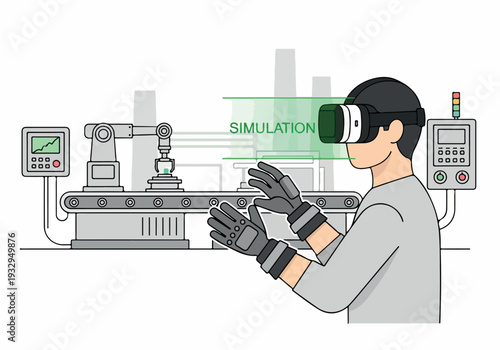 Virtual reality simulation of industrial manufacturing process with robotic arm and human operator wearing VR headset and haptic gloves for training or design