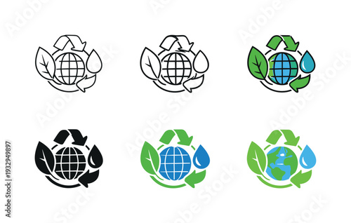 Environmental impact symbol showing a leaf, globe, recycling icon, and water drop, conveying climate change awareness,