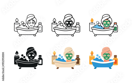 Self-care ritual icon featuring a candle, bathtub, face mask, and essential oil bottle, symbolizing relaxation, personal wellness
