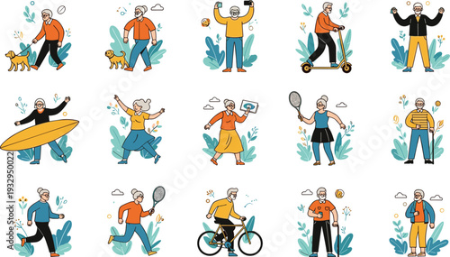 Active senior people vector illustration set elderly lifestyle activities healthy aging characters collection isolated design