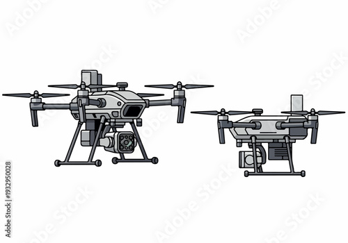 Two modern aerial photography and videography unmanned aerial vehicles illustrated in a minimalist style
