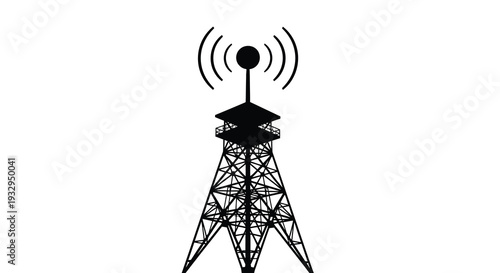A striking black silhouette of a radio transmission tower showcasing its angular design and wireless signal waves silhouette