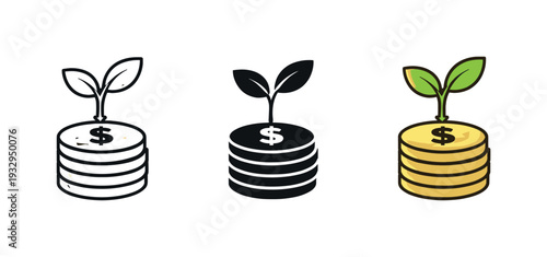 Growth potential metaphor conveyed by a small plant sprout emerging from a coin base, matching silhouette displayed three times