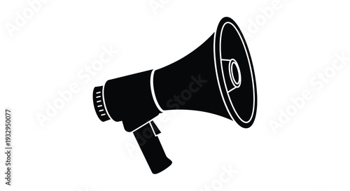 A stark black image depicts a vintage megaphone angled slightly presenting a bold graphic silhouette high quality professional detailed