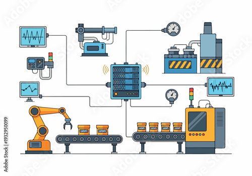 Automated industrial production line with robotic arm, conveyor belt, monitors, and machinery in a factory setting for manufacturing and assembly