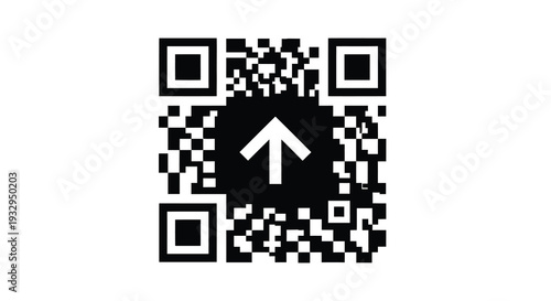 A striking composition featuring two qr codes flanking a white arrow set against a textured black background silhouette