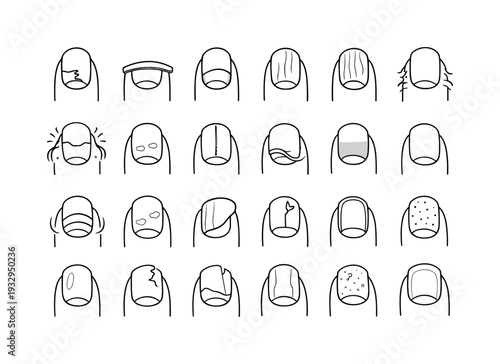 Line style icons of health-insight fingernail: nail crack, plate thinning, color shift, surface ridge, cuticle dryness,