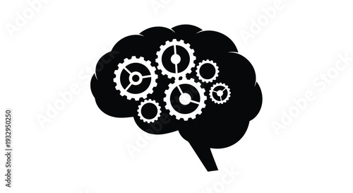 A conceptual illustration of a brain filled with gears representing thought and complex processes in silhouette high quality professional