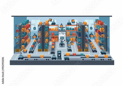 Automated warehouse with robotic arms and conveyor belts for efficient logistics and distribution