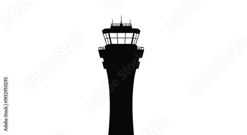 A stark isolated air traffic control tower stands against a brilliant white background creating a dramatic silhouette high quality