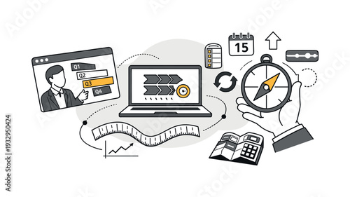 Modern minimal flat vector conceptual collage, crisp hard edges, consistent THIN outline stroke, rounded corners where needed,