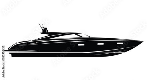 A sleek modern yacht is depicted in a striking black shape against a white backdrop a bold silhouette