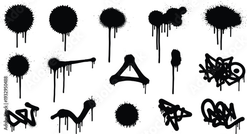Black spray paint splatter and graffiti set vector illustration grunge ink drip street art elements collection