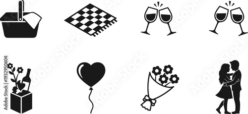 Romantic picnic and celebration icons for couples, conveying love and togetherness