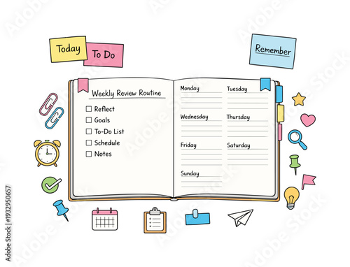 Open weekly planner spread, tabbed notebook pages, paper clips and sticky notes, small reminder icons for Weekly review routine