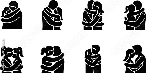 Collection of diverse couple hug icons representing love, affection, and relationships