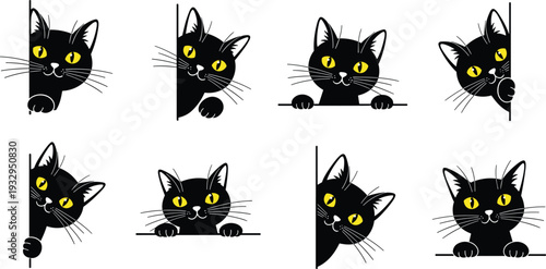 Black cat peeking collection vector illustration cute feline with yellow eyes funny pet cartoon set