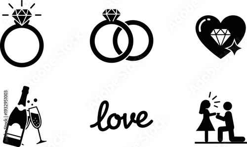 Collection of wedding and love icons including rings, champagne, and proposal