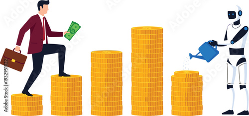 Business growth concept vector illustration businessman climbing coin stacks and robot watering investment finance success design