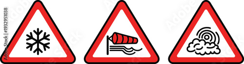 Essential graphic set of road warning signs indicating diverse adverse weather conditions: snow, strong wind, and dense fog, for safety.