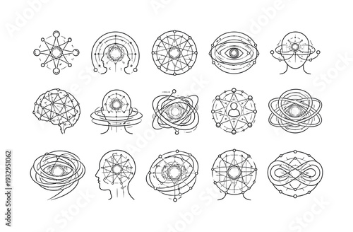 Line vector icons of a digital entity certain of its existence: self-affirmation nodes, introspective pattern arcs,