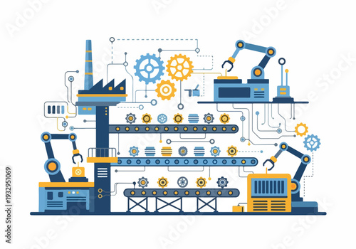 Automated industrial factory with robotic arms and conveyor belts, illustrating modern manufacturing and production processes in a stylized graphic