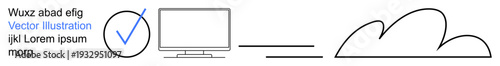 Cloud storage, online security, technology integration, data management, digital access, remote work. Modern design with checkmark, computer and cloud icons. Cloud storage and online security