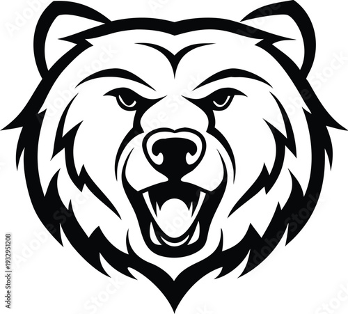 A fierce black and white illustration of a grizzly bear s head