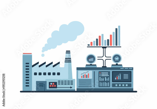 Industrial production and data analysis illustrating factory efficiency and performance metrics with charts and graphs