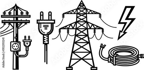 Electric power and energy infrastructure icons set isolated on white background transmission tower plug cable lightning vector illustration collection