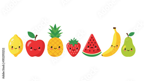 Selection of happy cartoon fruit characters with cute faces including lemon apple pineapple strawberry watermelon banana and pear.