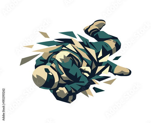 Low-poly vector illustration of a skydiver at peak spin intensity during freefall, body fully rotated with visible angular strain