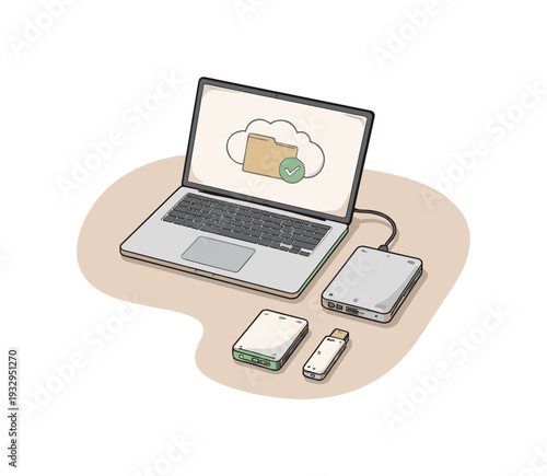 Calm data backup routine concept with laptop and storage devices slightly angled for balance shown from above, arranged in the