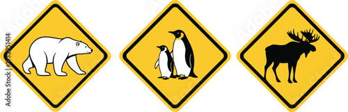 A set of warning signs with illustrations of arctic and northern animals: a polar bear, penguins, and a moose, for wildlife caution.
