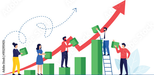 Business growth teamwork concept vector illustration people building rising chart success financial progress collaboration design