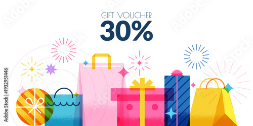 Shopping bags, gift boxes, fireworks. Vector background for sale banner, poster, discount coupon, promotion flyer design