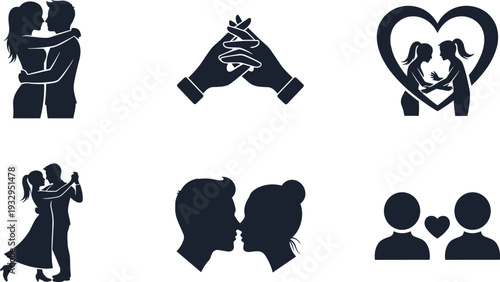 Collection of romantic couple silhouettes representing love and relationships