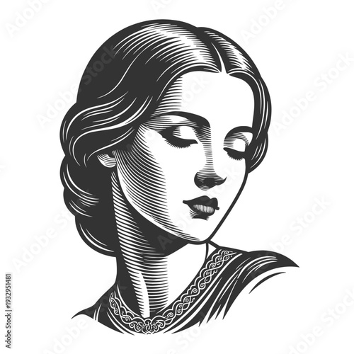 elegant woman with closed eyes, styled hair and classic features, inspired by vintage engraving art sketch engraving generative ai vector illustration. Scratch board. Black and white image.
