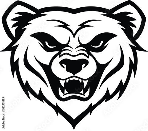 A fierce black and white illustration of a bear s head facing forward