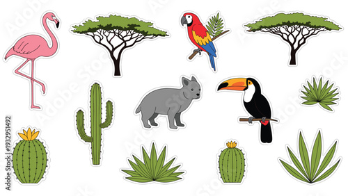 Collection of nature stickers featuring safari animals like flamingo toucan and wombat along with african trees and cacti.