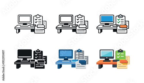 Routine office activities icon showing stylized desks, computers, documents, calendars, and checklists representing daily office