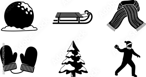 Collection of winter activity icons including snowball, sled, scarf, mittens, tree, and person throwing snowball