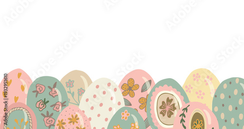 Pastel Easter eggs with floral and heart patterns arranged in a row. Cute spring vector illustration with hand drawn decorative elements in soft muted colors, isolated on light background. Vector