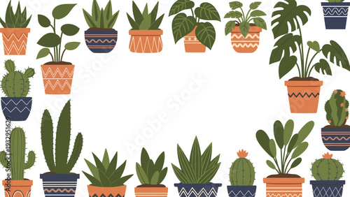 Decorative frame composed of various green potted houseplants including cacti and ferns on a clean white background.