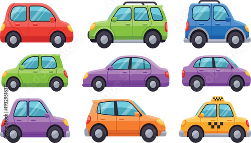 Colorful Flat Vector Car Icon Set Featuring Sedan, SUV, Hatchback, and Taxi for Urban Transportation, City Traffic, Automotive Apps, and Web Design