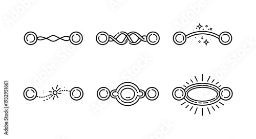 Line vector icons of nonlocal connection between two points in space (zero-distance effect): two nodes, linking wave, resonance