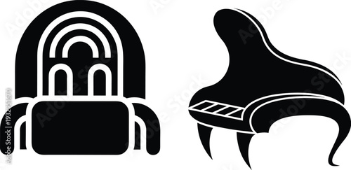 Black and white of a bed with a canopy and a chair with curved legs and a cushion