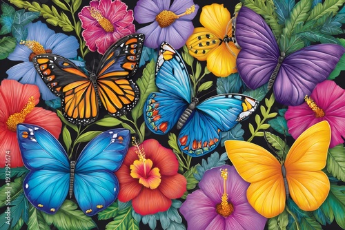 Colorful butterflies flying among tropical hibiscus flowers and foliage