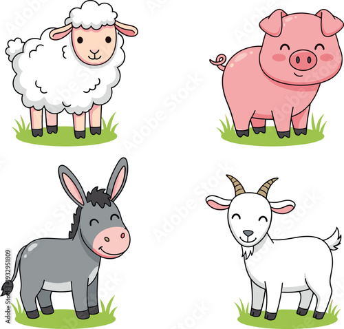 Cute farm animals vector illustration set sheep pig donkey and goat cartoon livestock isolated design